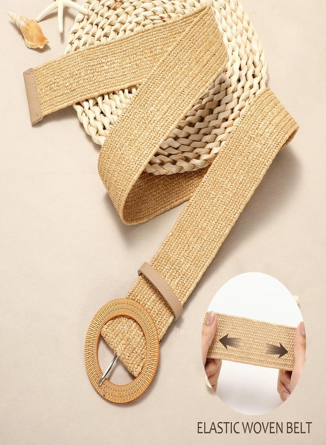 VONMELLI Straw Woven Stretchy Belt for Women Dresses, Wide Boho Elastic Brown Belts Braided Raffia Waist Belt, M - Image 3